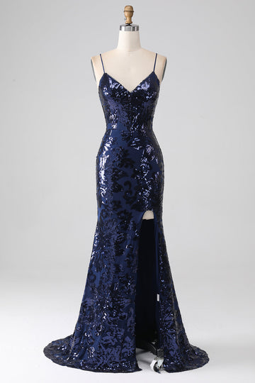 Glimrende pailletter Havfrue Spaghetti Stropper Gallakjole med slids